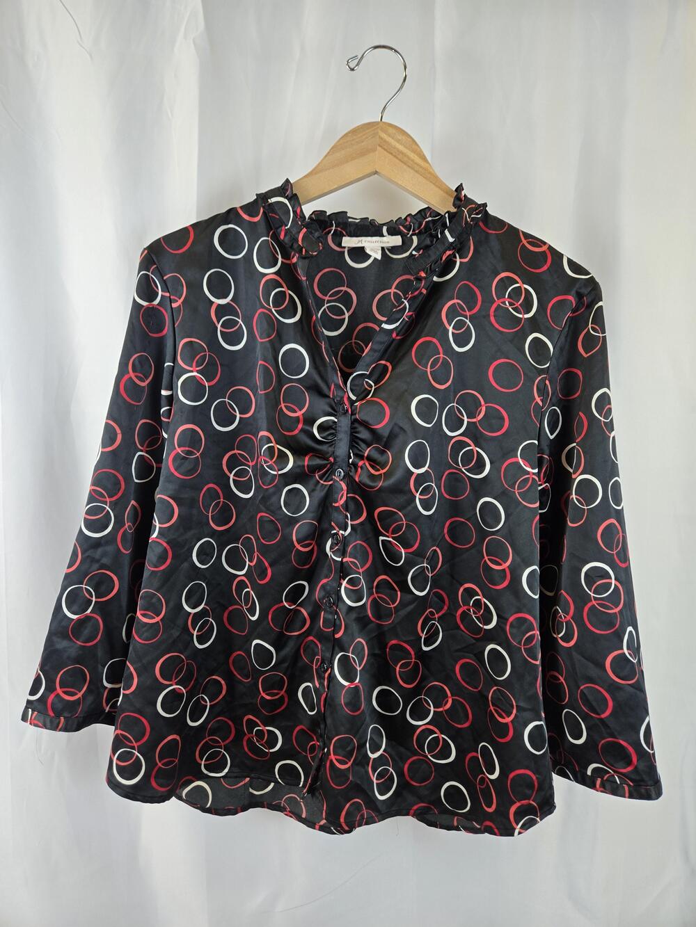 JM Collection Blouse Womens 16 Black Geometric Circle Ruffle V Neck 3/4 Sleeve